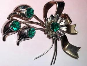 Vtg 1940??s Vermeil Sterling Green Rhinestone Calla Lily Floral Brooch Pin-Estate