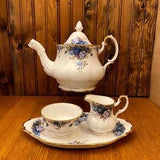 Royal Albert Moonlight Rose Teapot with Cream and Sugar and Matching Tray,  Blue Floral Tea Set