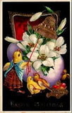 Gel Easter Postcard Dressed Chick Ringing Gold Bell Purple Egg Lily Flowers