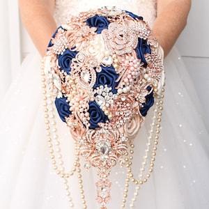 Brooch bouquet navy blue champagne rose gold. Cacsading wedding bouquet.