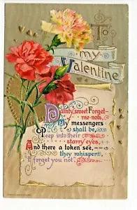 John Winsch Valentine Vintage Postcard Pink Red Carnations Gold Hearts Scroll