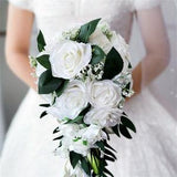 White Rose Cascading Wedding Bridal Bouquet Waterfall Wedding Holding Flower with Green Leaves Decoration