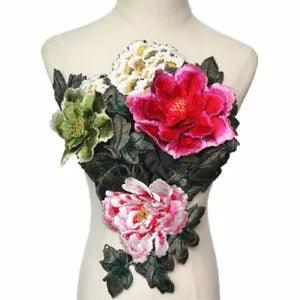 3D Peony Flowers Leaves Sew Patches Trimmings Embroidered Applique Dress Decors