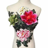 3D Peony Flowers Leaves Sew Patches Trimmings Embroidered Applique Dress Decors