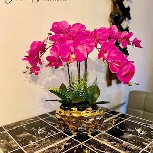 LA ROSE PARIS -Artificial Pink Orchid Plant Fake Flower Real Touch Phalaenopsis Silk With Gold Ceramic Pot Potted For Table Decorations