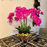 LA ROSE PARIS -Artificial Pink Orchid Plant Fake Flower Real Touch Phalaenopsis Silk With Gold Ceramic Pot Potted For Table Decorations