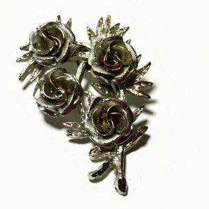 Vintage CORO Textured Silver Tone Rose Brooch | Flower Bouquet Lapel Pin | Floral Boutonniere | Signed Collectible Costume Jewelry