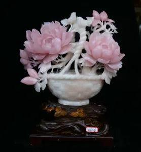 18.4" Natural Xiu Pink Jade jadeite Hand Carved Peony Flower Birds Basket Statue