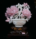 18.4" Natural Xiu Pink Jade jadeite Hand Carved Peony Flower Birds Basket Statue