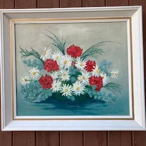 Bouquet Still Life Oil Painting Vintage Framed Floral Flower Daisies Art MCM Frame Signed Emma Parker