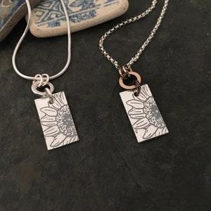 Sunflower Mali necklace ~ sterling silver ~ mixed metal ~ silver w/ bronze ~ rolo or snake chain ~ Flowers on back ~ stamped Mali charm