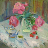 Summer Still Life, Bouquet of Peonies and Strawberries, Impressionism Art, Modern Home decor, Original Gift for Her, Oil Painting on board