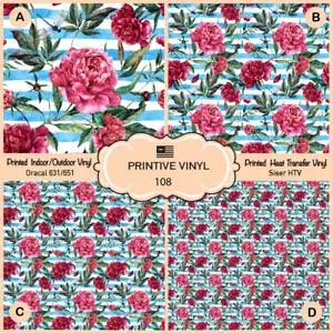 Watercolor Pink Peonies Patterned Iron on, Printed HTV, Adhesive Vinyl 108