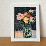 Roses Bouquet Impasto Oil Painting On Canvas Board Original Signed Flowers On Black Background Wall Art Decor