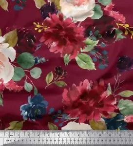 Soimoi Red Velvet Fabric Leaves & Peony Floral Fabric Prints By-5dF