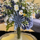Blue and White Rose and Dahlia Arrangement  in Acrylic Water, Floral Centerpiece in Clear Vase in Faux Water, Wedding Table Decor, Accessory
