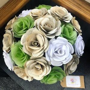 x20 Paper roses white,green and book page themed + Bucket Display vase Valentine Day Gift, Mother's Day Gift, Rose Bouquet,paper flowers
