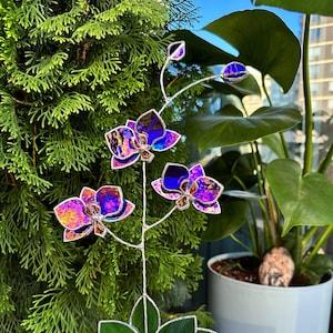 Stained glass Orchid flower ???Deep Blue Bright luminous???, Suncatcher flower 3D, plant, Garden stake, Outdoor and gardening decor, wedding