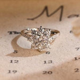 Vintage Sunflower Round Moissanite Engagement Ring, Halo Half Pave Solid Gold Round Wedding Ring, Gifts for Women, Anniversary Ring for Wife