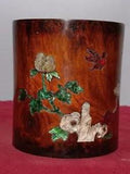Chinese Natural Rosewood Inlaid Shell Handcarved Peony Flower Brush Pot 4768