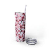 Pink Cherry Blossom Tumbler, Flower Tumbler with Straw, White and Glitter, vD