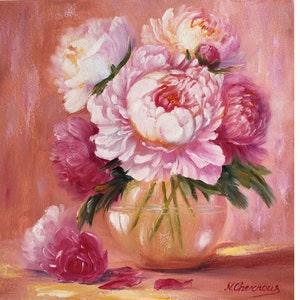 Peonies Oil Painting Flower Original Art Floral Wall Art Pink Peony  Bouquet In Vase Artwork 12x12" By N.Chernous