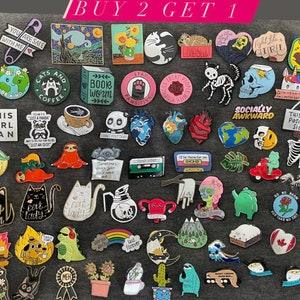 Buy 2 get 1 free pins, enamel pins, mask pins, scarf pins, bag pins, cute pins, books pin, plant pins, camping pins, cat pin, funny pins