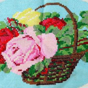 Vintage Embroidery Flower basket roses bouquet Handmade Embroidery Red Rose Embroidery wall art