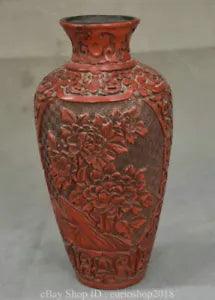 9.2 " Old Chinese Red Lacquerware Carved Dynasty Peony Flower Pattern Vase