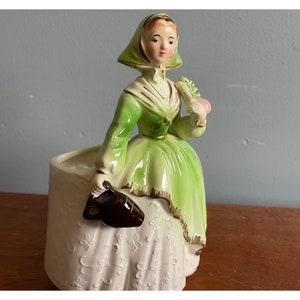 1950 Planter Pot, Victorian Lady With Green & Gold Dress, Container for Small Plants, Faux or Dry Flowers