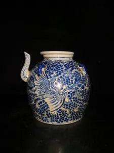 8" Chinese Antique Porcelain Qing dynasty Blue white phoenix peony flower Teapot