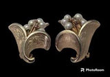 Vintage Gold Tone Lily Clip Back Earrings With Rhinestones And Glass Pearls