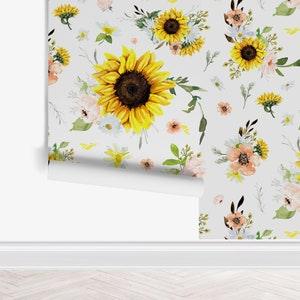 Sunflower Daisy Floral Wallpaper, Peel Stick Removable, Unpasted Traditional Option, Baby Girl Nursery Decor, Pink Yellow Peach Boho Floral