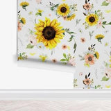 Sunflower Daisy Floral Wallpaper, Peel Stick Removable, Unpasted Traditional Option, Baby Girl Nursery Decor, Pink Yellow Peach Boho Floral