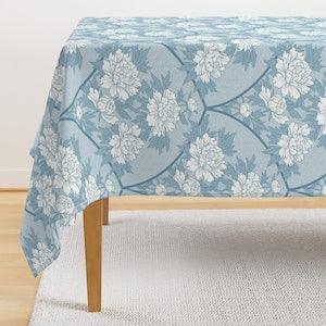 Art Deco Floral Tablecloth - Blue Peony by emikundesigns - Peony Bouquet Scallop Fan Large Scale Cotton Sateen Tablecloth by Spoonflower