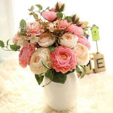 Silk Ranunculus, Hydrangea Mixed Bouquet with Leaves 15'' Tall, Artificial Buttercup Flower Arrangement, Table Centerpiece, Gift Bouquet