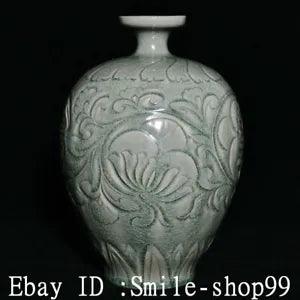 9.6" Old Qing Dynasty Ru Kiln Porcelain Peony Flower Pattern Vase Bottle