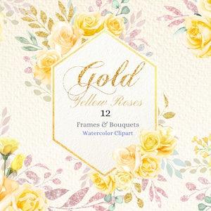 Watercolor Yellow Rose Clipart, Gold Frames, Gold and Silver Leaves, Pastel Yellow Rose Frames and Bouquets, Baby Shower, Wedding Invitation