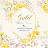 Watercolor Yellow Rose Clipart, Gold Frames, Gold and Silver Leaves, Pastel Yellow Rose Frames and Bouquets, Baby Shower, Wedding Invitation