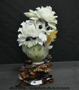 17.6 " China Natural Xiu Jade Carved Fengshui Peony Flower Wealth Statue