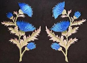 #5094B Thistle - Carnation Spray - Blue Flower Embroidery Appliqu??? Patch /Pair