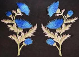 #5094B Thistle - Carnation Spray - Blue Flower Embroidery Appliqu??? Patch /Pair