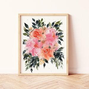 Boho Wall Decor | Watercolor Bright Peonies | Bohemian Bouquet Physical Art Print | Feminine Pink Yellow Orange Green Nursery Home Room