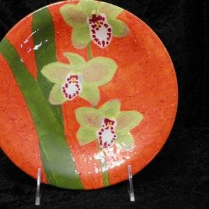 Hand Painted Ceramic Orchidware Small Plate - Cymbidium Orchid on orange background, art piece; orchids, flowers, plants, decor