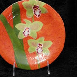 Hand Painted Ceramic Orchidware Small Plate - Cymbidium Orchid on orange background, art piece; orchids, flowers, plants, decor