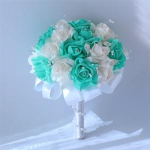 Bride Bouquet Turquoise Bridal Bouquet White Rose Flowers Ribbon Pearl Wedding Bouquet 9 inches Width Turquoise Bridesmaids Bouquet DJ-9