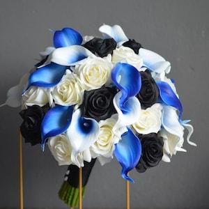 Royal Blue And Black Wedding Bouquet, Real Touch Calla Lily, Black Roses, Blue Boutonniere, Bridesmaids Bouquets, Fake Flowers Bouquet