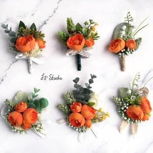 Faux Ranunculus Corsage Boutonniere Set Orange Ivory Green Silk Flower Fake Eucalyptus Hops Fern Babysbreath lily of the valley Boutineer