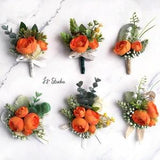 Faux Ranunculus Corsage Boutonniere Set Orange Ivory Green Silk Flower Fake Eucalyptus Hops Fern Babysbreath lily of the valley Boutineer