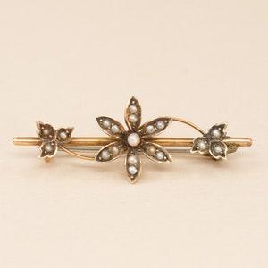Antique 9k Seed Pearl Flower Pin - 1910s Edwardian Gold Flower Bar Brooch